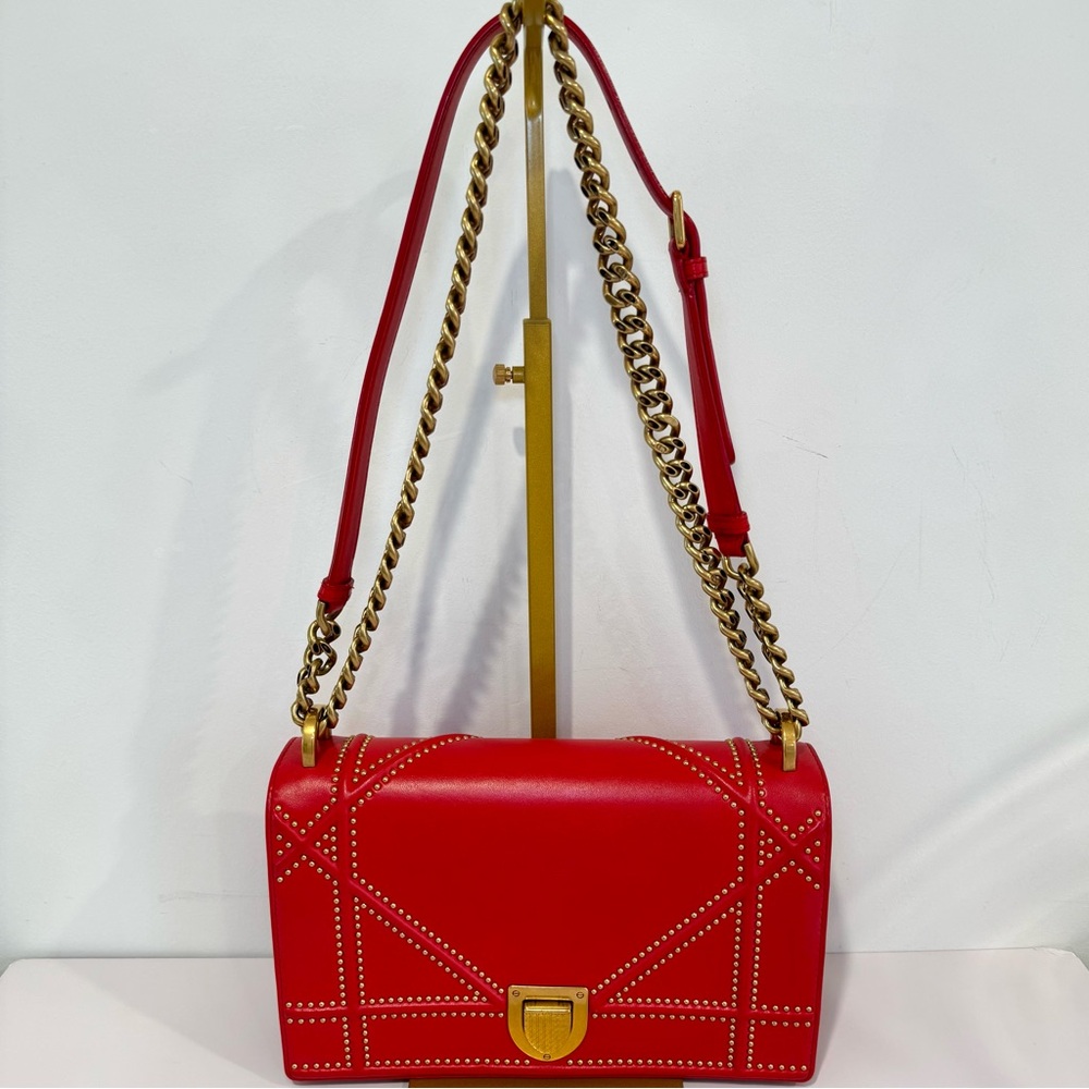 Christian Dior Diorama Red Leather Medium Flap Bag W Gold Studs & Chain Strap